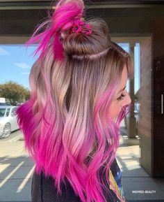 two tone hair colour ideas Balayage Purple Hair Blonde, Hot Pink And Blonde Hair Highlights, Unique Vivid Hair, Vivid Color Money Piece, Bold Money Piece Hair Color, Blonde And Vivid Hair Color Ideas, Blonde Vivid Hair, Hair Color Ideas Vivid, Blonde Hair With Vivid Colors