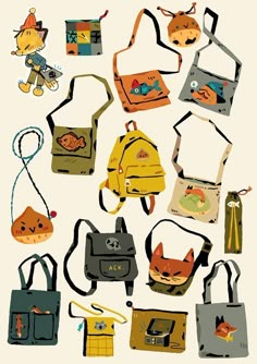 an assortment of purses are shown on a white background, including one with a cat