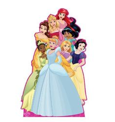 the disney princesses are standing together in front of each other with their dresses on