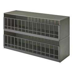 two metal shelves with multiple compartments on each side, one is empty and the other has no doors