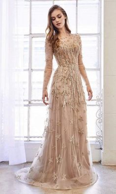 Andrea And Leo, Ethereal Dress, Falling Stars, Jewel Neckline, Elegant Dresses Long, Prom Dresses With Sleeves, A Line Gown, Lace Gown