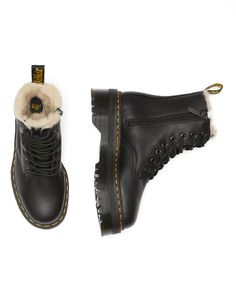 The Jadon boot is an energetic evolution of our iconic 8-eye boot. Lined with fur and built with soft Pisa leather, our Jadon Fur-Lined Platform sits on an empowering 1.5 inch platform sole. Pisa is a medium-weight milled nappa leather with a super-soft tumbled handle and richly pigmented waxy finish. Lined with soft faux fur and built on the iconic and comfortable Dr. Martens air-cushioned sole Made with classic Doc's DNA, including grooved edges, visible stitching and heel-loop Platform height Jadon Boots, Dr Shoes, Shoe Inspo, Carrie Bradshaw, Shoe Closet, Crazy Shoes, Shoe Obsession, Dream Shoes