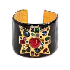 Black Maltese, Diana Vreeland, Chanel Inspired, Maltese Cross, Gold Bracelet Cuff, Funky Jewelry, Colored Gems, Hinged Bangle, Gold Enamel