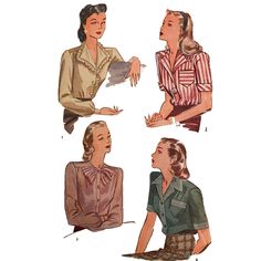 PDF Vintage 1940s Pattern Womens Blouses Various Styles - Etsy Peter Pan Blouse, Blouse Top Pattern, 1940s Blouse, 1940s Women, Pattern Grading, Patron Vintage, Womens Blouses, Women's Blouses, Love Sewing