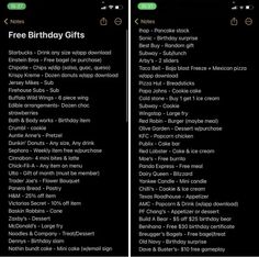 two iphone screens showing birthday gifts on the left and right side of each phone screen