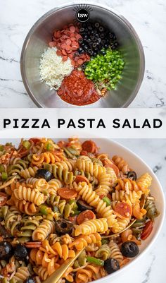 two pictures with different types of pasta in them and the words pizza pasta salad below