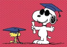 a cartoon dog wearing a graduation cap and holding a diploma in front of a red background