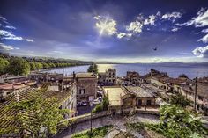 a bird flies over the rooftops of an old town by the water's edge