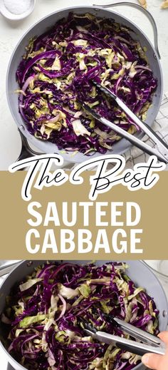 Collage of overhead shot of sauteed cabbage in skillet at top and bottom.