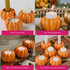 four different pumpkins with candles in them