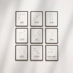 six framed zodiac signs on a wall in black and white with the names of them