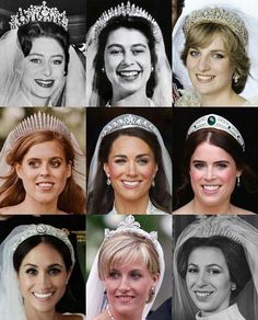 many different pictures of the same woman wearing tiaras and veils on their heads