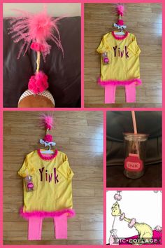 pink and yellow items are arranged in four different pictures, including a t - shirt with the word ynk on it