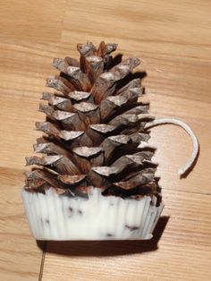 a pine cone sitting on top of a wooden table next to a white cupcake