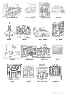 an image of different types of buildings and their names in black ink on white paper