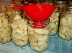 there are many jars with food in them and one is filled with white potatoes, the other has red spoon