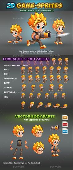 an animated game character pack with all the characters and their animation style, in different poses