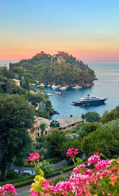 an island with boats in the water and flowers growing on it's sides at sunset