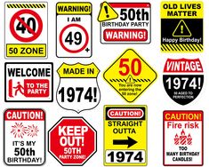 various warning signs and stickers on a white background for birthdays, parties, etc