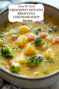 a bowl of crockpot potato and broccoli cheddar soup