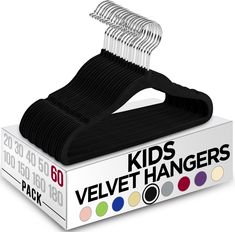 a pack of kids's velvet hangers in a white box with black and multicolored stripes