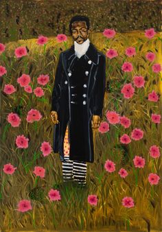 a painting of a man standing in a field of flowers with his hands on his hips