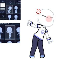 an animated character with different facial expressions and body parts, including the head and shoulders