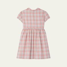 Bonpoint dress in a plaid motif with a classic embroidered cherry at the chest Peter Pan collar Short sleeves Button front Empire waist Hem falls below the knee A-line silhouette Cotton Imported Plaid Cotton A-line Dress, Cotton Dress With Placket For Daywear, Classic A-line Dress With Placket, Cotton Daywear Dress With Placket, Casual A-line Dress With Placket, Fitted A-line Plaid Dresses, Preppy Fitted Dress For Fall, Preppy Cotton Dress For Fall, Knee-length Cotton Plaid Dress For Daywear