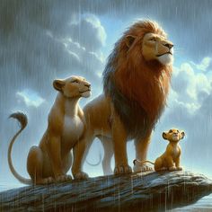 two lions sitting on top of a log in the rain with one lion standing next to another