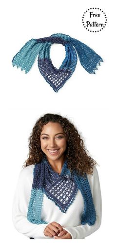 a woman wearing a blue and white crocheted scarf with the words free pattern on it