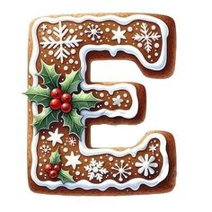 the letter e is decorated with icing, holly and snowflakes on it