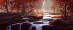 a painting of a stream running through a forest with red leaves on the trees and rocks