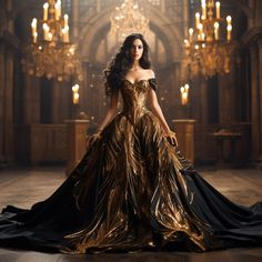 Black Ball Gown Fantasy Aesthetic, Samantha Fantasy Gown, Dorne Aesthetic Clothes, Fantasy Dresses Aesthetic, Dragon Queen Dress, Black And Gold Ballgown, Queen Dress Aesthetic, Fantasy Ball Aesthetic, Black Fantasy Dress Queens