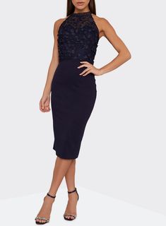 Form Fitted Longline Midi Dress With Sheer Halter Neckline And Intricate Floral Detail. 100% Polyester. Hand Wash Only. Chi Chi London, Sleeveless Bodycon Dress, London Blue, Halter Neckline, Dorothy Perkins, Fitted Bodice, Occasion Wear, Sleeveless Formal Dress, Top Styles