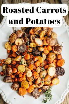 Roasted carrots and potatoes on a white platter. Roasted Carrots And Potatoes, Roasted Mini Potatoes, Toasted Potatoes, Mushroom Side Dishes, Boiled Dinner, Roasted Baby Potatoes, Mini Potatoes, Potato Pasta