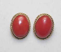 Antique 18K Italian Mid Century Red Coral Large Dome Bezel Set Stud Earrings 18mm Length and 14mm wide make these studs quite impreessive. Cabs are Momo / Tomato color. Exquisite piece. Clip ons. Stamped 750 5.3 Grams / 27 Carat You will enjoy wearing these studs. True collector item. Hallmarked Oval Red Earrings, Classic Red Cabochon Earrings, Red Cabochon Jewelry For Formal Occasions, Traditional Oval Red Earrings, Traditional Red Oval Earrings, Red Round Clip-on Earrings For Anniversary, Red Cabochon Earrings Perfect For Gifts, Red Cabochon Earrings For Gift, Tomato Color