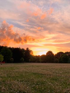 the sun is setting over an open field with trees in the background and clouds in the sky