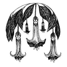 three women with long hair are hanging upside down from the ceiling, vintage line drawing or engraving illustration