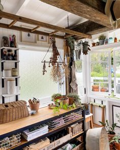 a room filled with lots of potted plants next to a wooden table and window