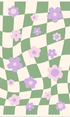 a checkerboard pattern with flowers and leaves on the bottom right hand corner, in shades of purple and green