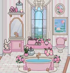 a cartoon bathroom with pink furniture and decor