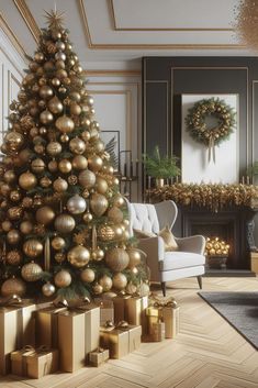 a living room with a christmas tree and gold ornaments