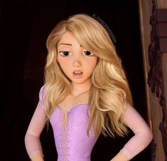 a girl with long blonde hair wearing a purple dress and holding her hands on her hips