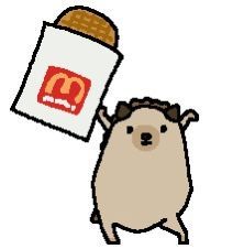 a cartoon character holding up a mcdonald's bag with a dog on it and a hamburger in the background