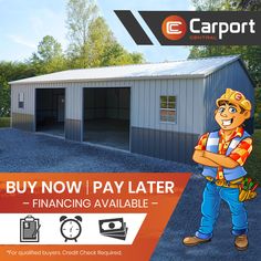 a man standing in front of a garage with his arms crossed and the words buy now pay later