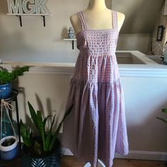 -Gorgeous Salmon And Blue Gingham Tiered Midi/Maxi Dress With Tie Back Detail -Fits Like A Size 12 -100% Rayon -No Visible Signs Of Wear Spring Sundress In Plaid Midi Length, Spring Plaid Midi Sundress, Plaid Sundress For Garden Party, Sleeveless Plaid Dress For Spring Brunch, Cotton Gingham Dress For Brunch, Sleeveless Gingham Midi Dress For Daywear, Gingham Sundress For Daywear, Altard State, Dress With Tie