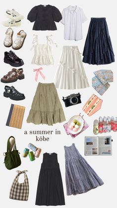 a collage of dresses, skirts, shoes, accessories and japanese food items. Japan Outfits, Japan Outfit, Short Skirt, Lookbook Outfits, Modest Outfits, Spring Summer Fashion