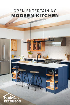 a kitchen with an island and stools next to the stove top, refrigerator and sink