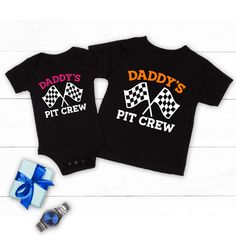 This cute graphic outfit is great for the new dad, Birthday, Father's Day, Christmas or to be or just cute everyday wear for your child. Such a cute outfit for your mini pit crew. These can be customized in your choice of vinyl color as shown, the black and white vinyl colors are standard. Garments come in three colors Onesies® & T-Shirts come in a variety of sizes of your choice. We use high quality, soft flex vinyl which not only creates a sharp, vivid graphic but will never look "faded" or “w Black Family Matching T-shirt For Gender Reveal, Family Matching Black Tops With Funny Print, Black Family Matching Tops With Funny Print, Black Cotton Family Matching T-shirt, Black Tops With Funny Print For Family Matching, Black Family Matching T-shirt For Playtime, Playful Crew Neck T-shirt For Father's Day, Black Family Matching T-shirt With Name Print, Father's Day Playtime T-shirt With Short Sleeves