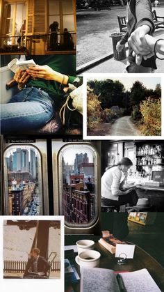 black and white photographs of people sitting at a table in front of windows with cityscape behind them